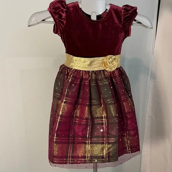 Bonnie Jean Gold,Green&burgundy Velvet Plaid& Sparkle Holiday Christmas Dress,4T - Picture 1 of 7